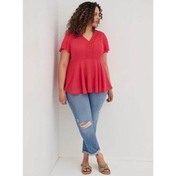 Torrid Womens Blouse 2 2X 18 20 Viva Magenta Peplum Chiffon Clip Dot Lace Inset - Picture 1 of 9